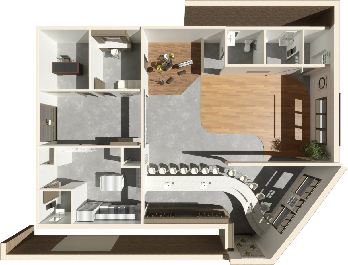 Three-dimensional cutaway overview of a floor plan