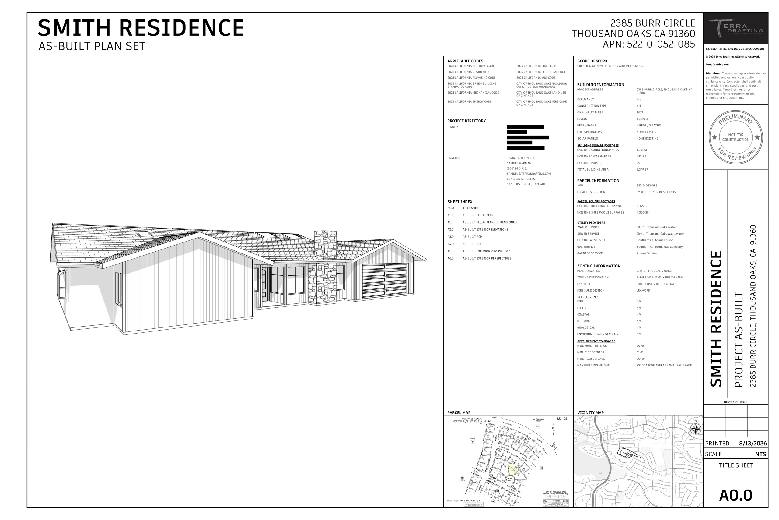 Title sheet with project directory, sheet index, building and parcel information, and an exterior view of the residence