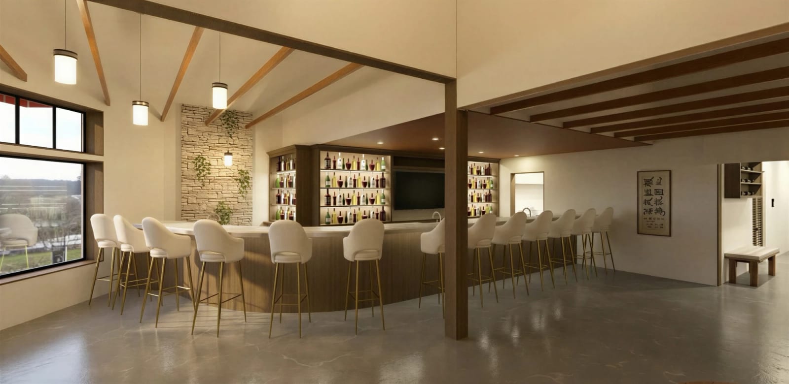 Interior visualization of a bar with exposed beams and a curved counter