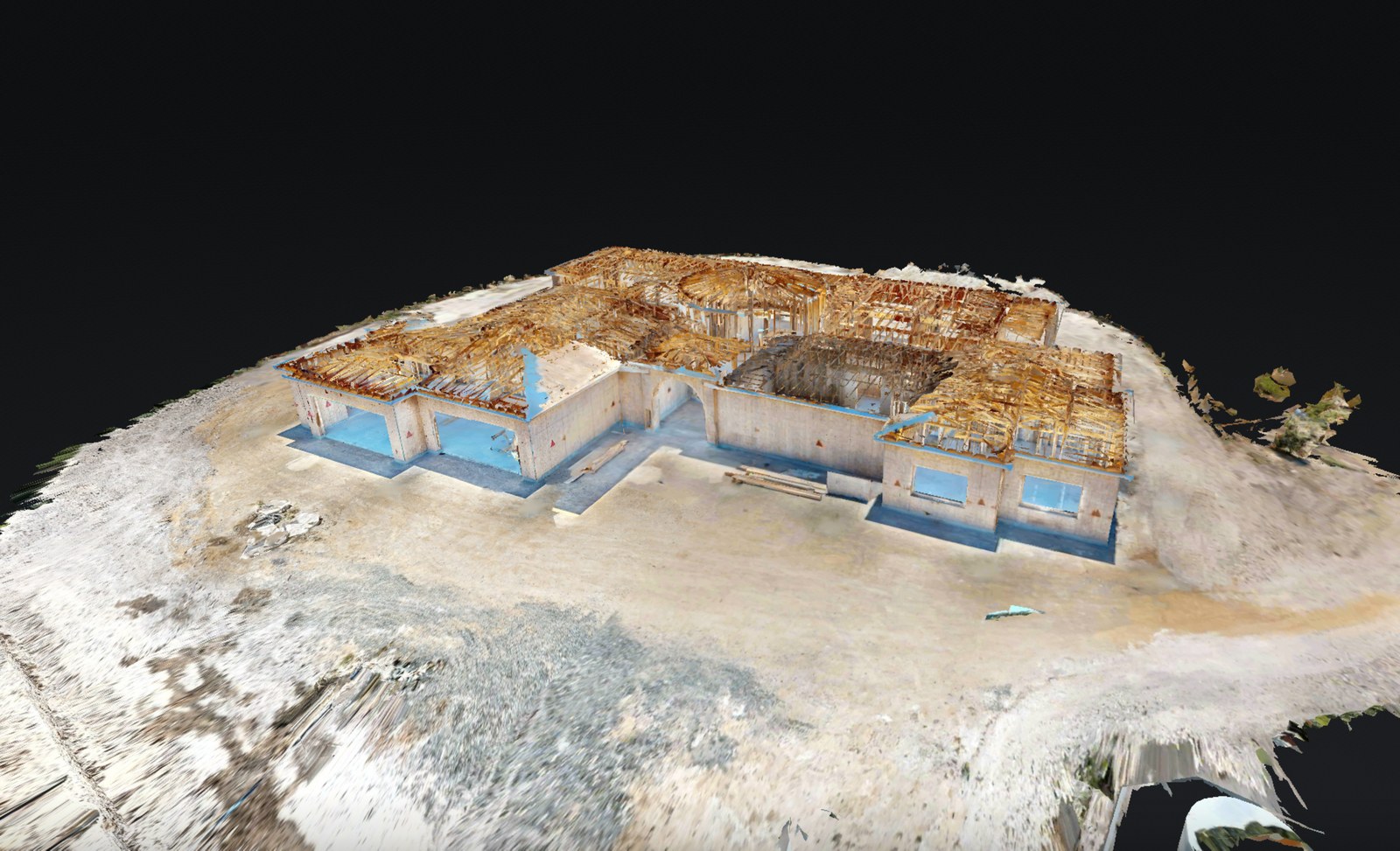 Textured 3D mesh of a house under construction, generated from a LiDAR scan and shown as a cutaway dollhouse view