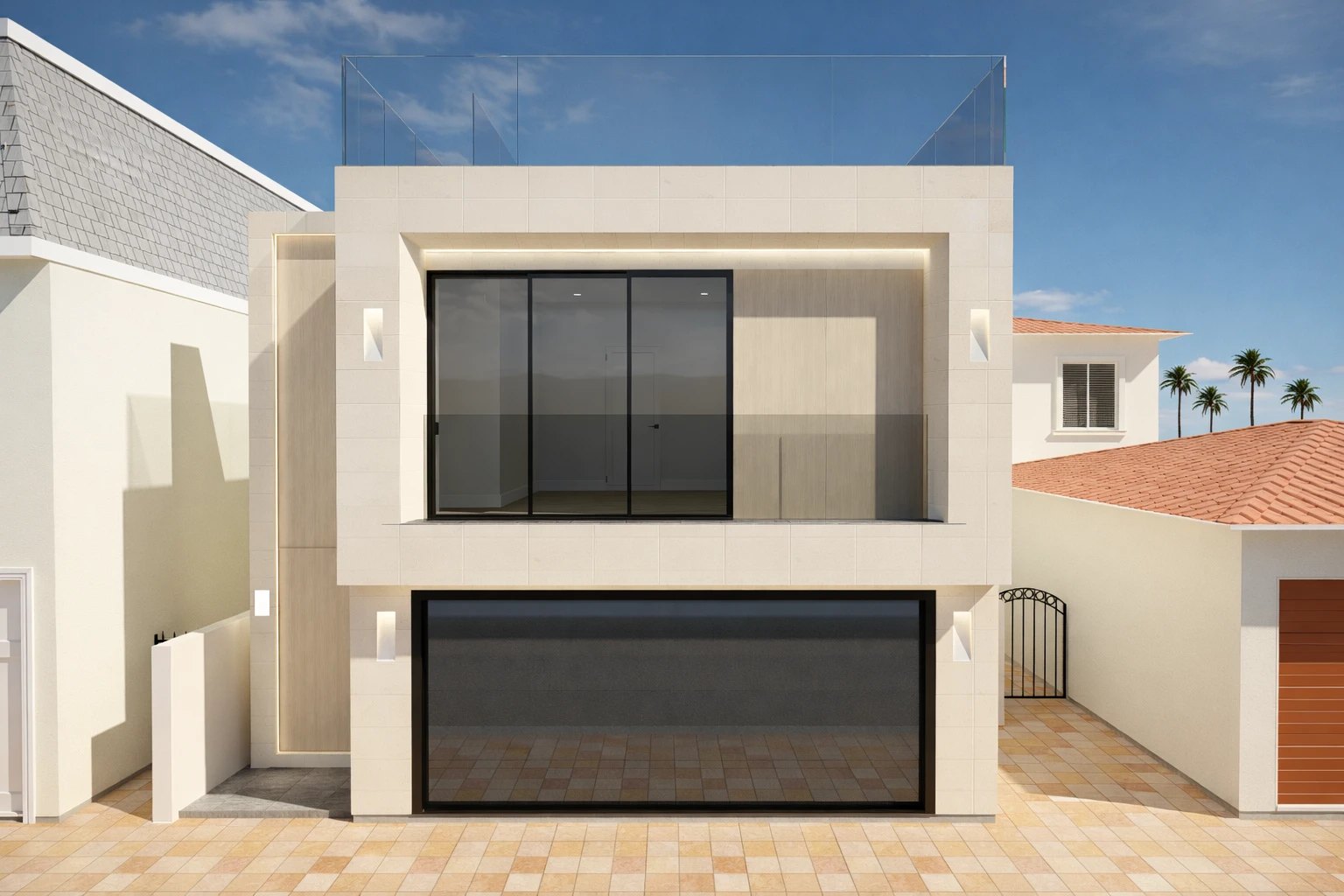 Daytime rendering of a modern two-storey residence, with cream stone cladding, a recessed glazed upper level, a glass-railed roof deck and an integrated garage