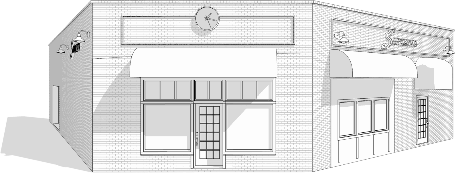 Line-drawn exterior elevation of the Samuzora storefront, showing the corner entry, awnings and signage